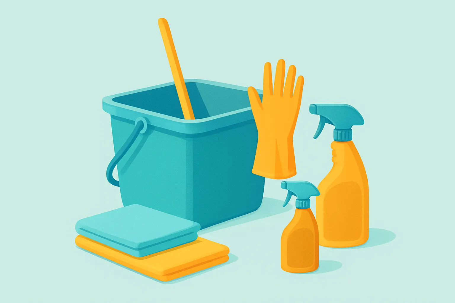 Janitorial supplies laid out on a soft blue background