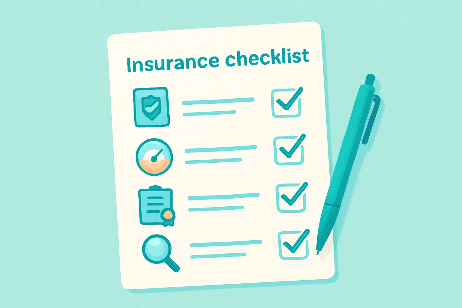 Insurance checklist with icons for policies, limits and endorsements.