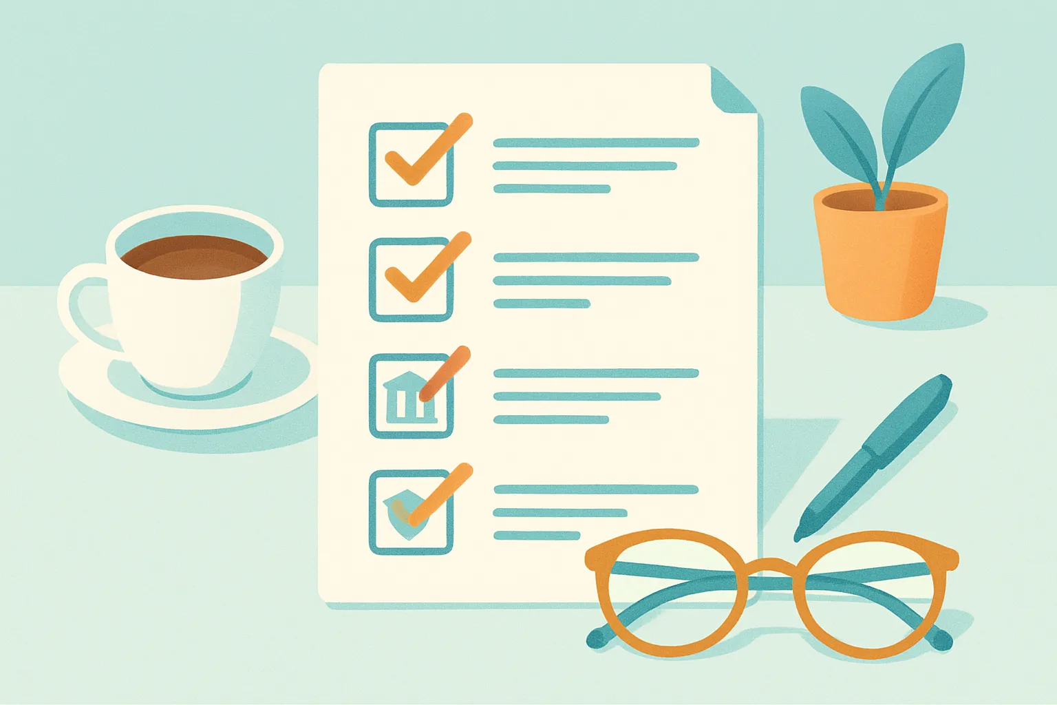 Checklist with icons for ID, tax form, bank info, insurance