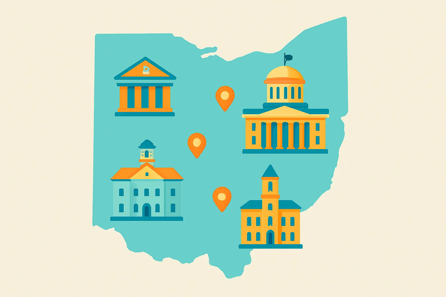 Map of Ohio with icons for state agencies, counties, and universities