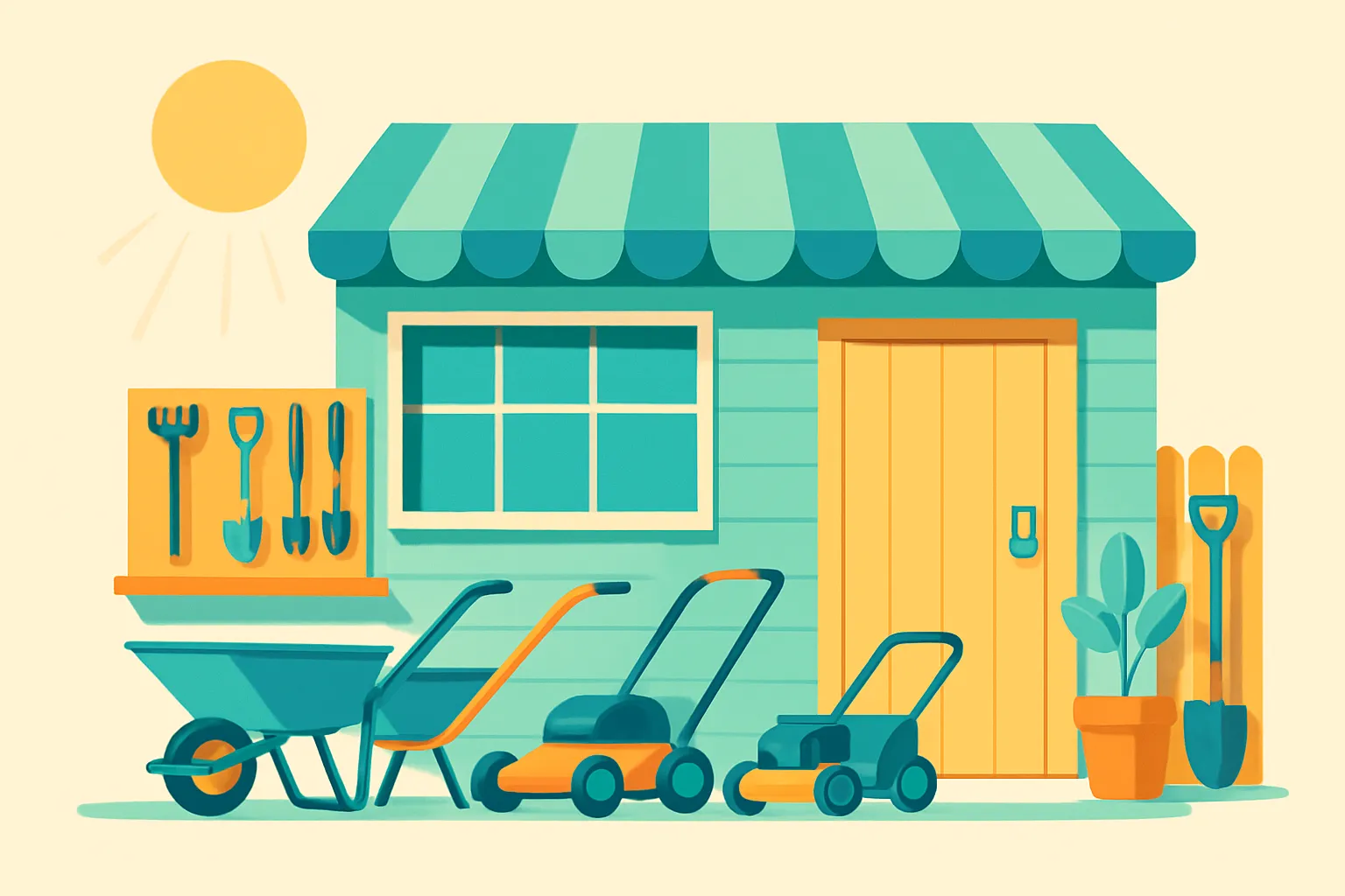 Small landscaping shop with mowers and tools stored