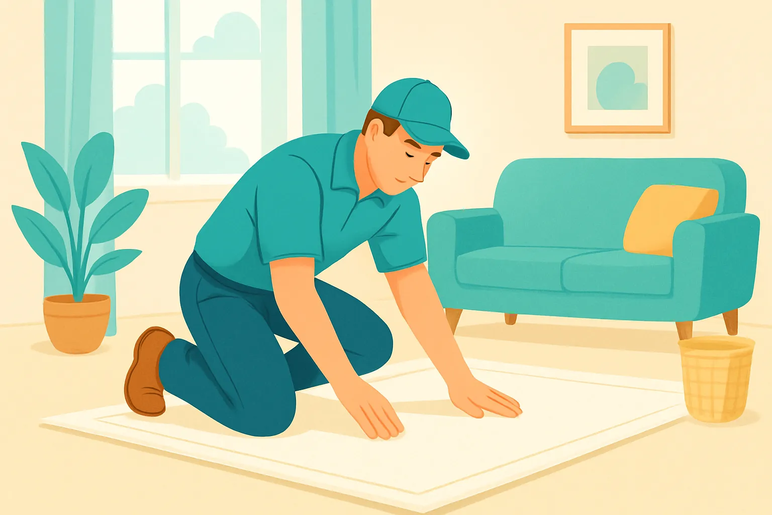 Technician inspecting carpet during pre-cleaning walkthrough.