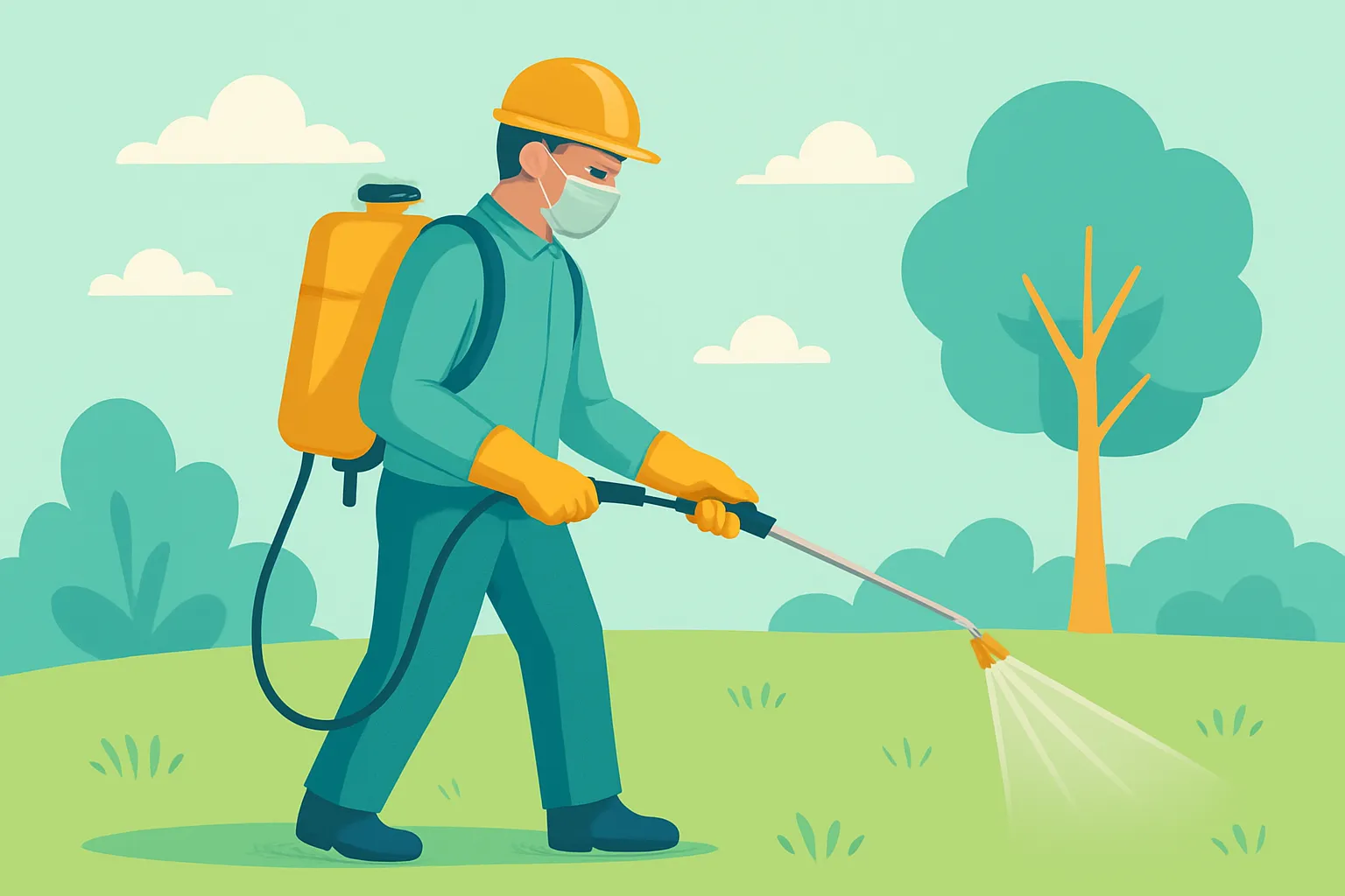 Landscaper in PPE spraying fertilizer on a lawn