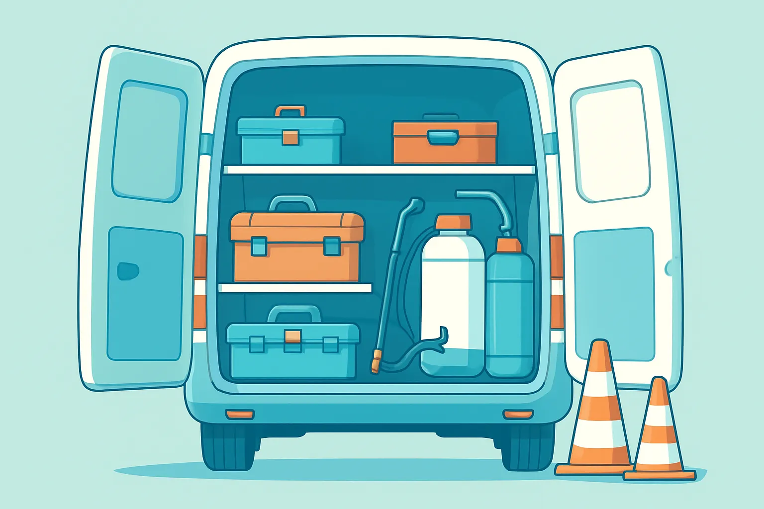 Work van with sprayers and safety gear packed neatly