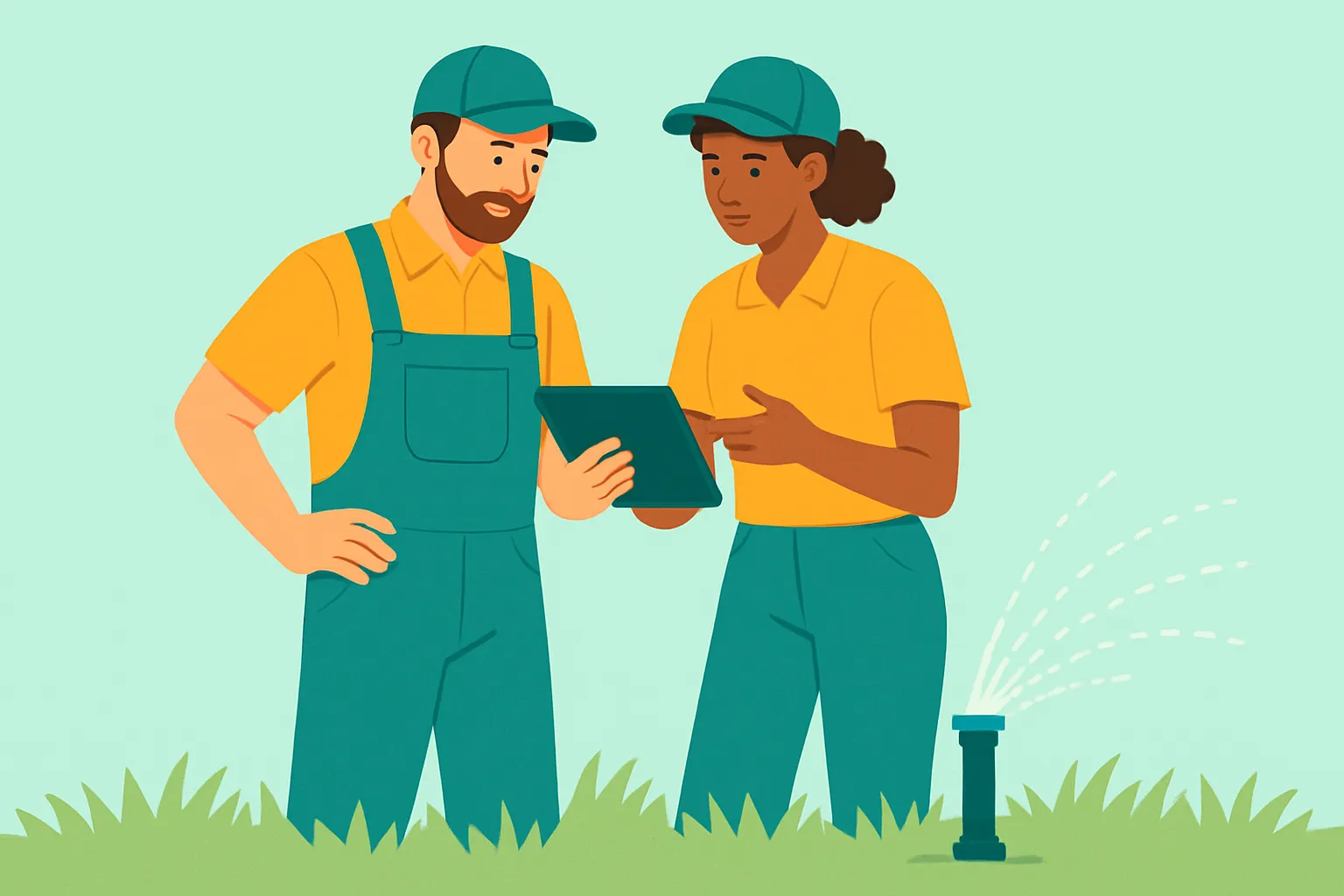 Two landscapers reviewing job details on a tablet