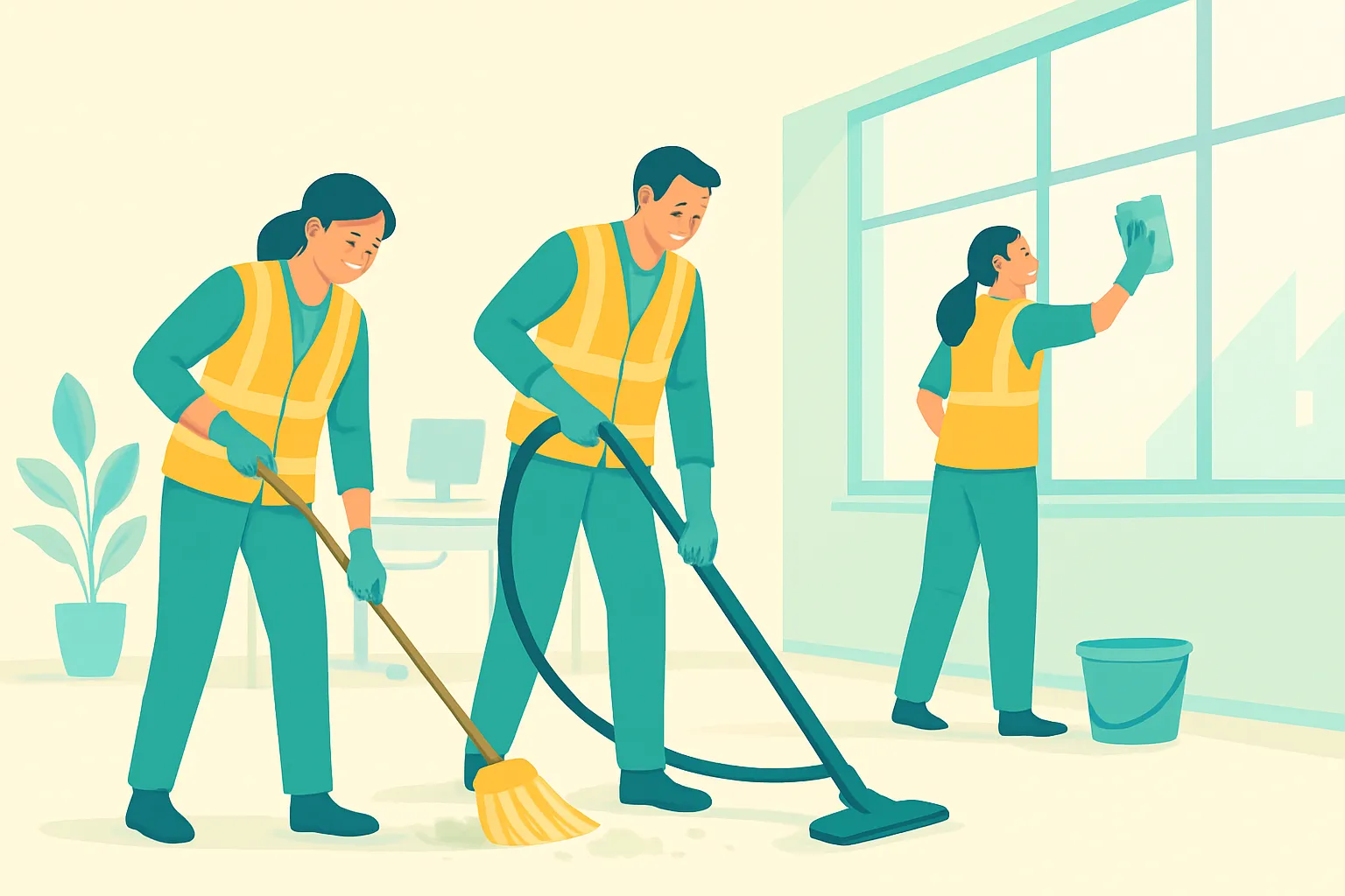 Crew cleaning a newly finished commercial interior after construction