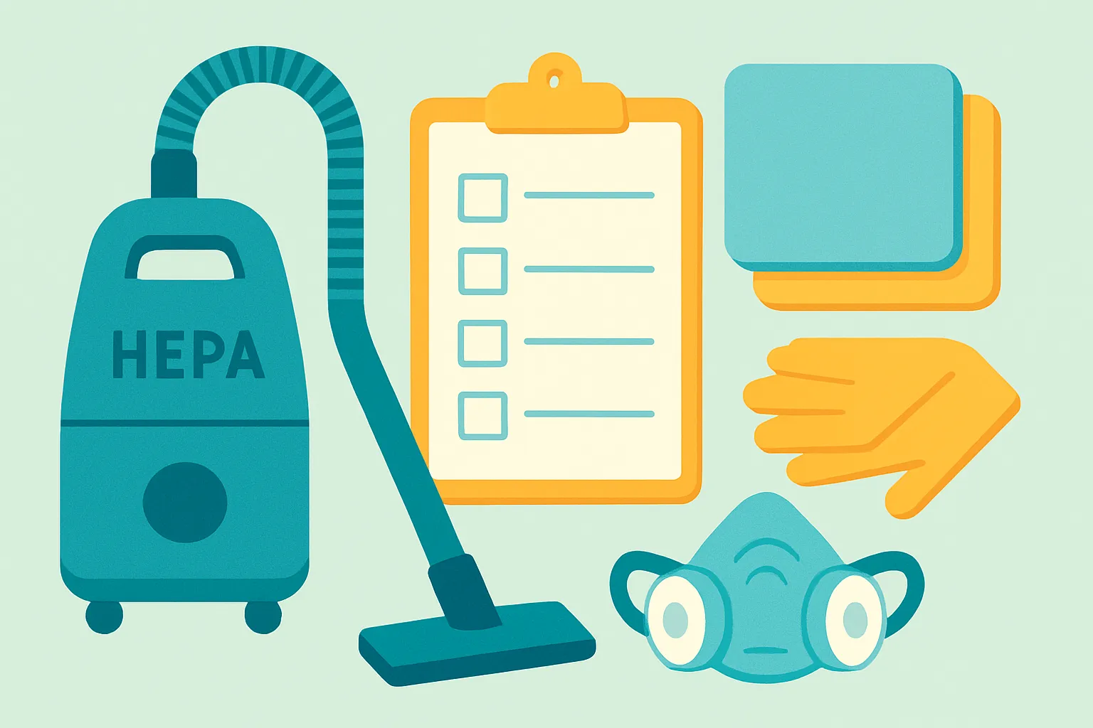 Tools and PPE for post-construction cleaning on a light surface
