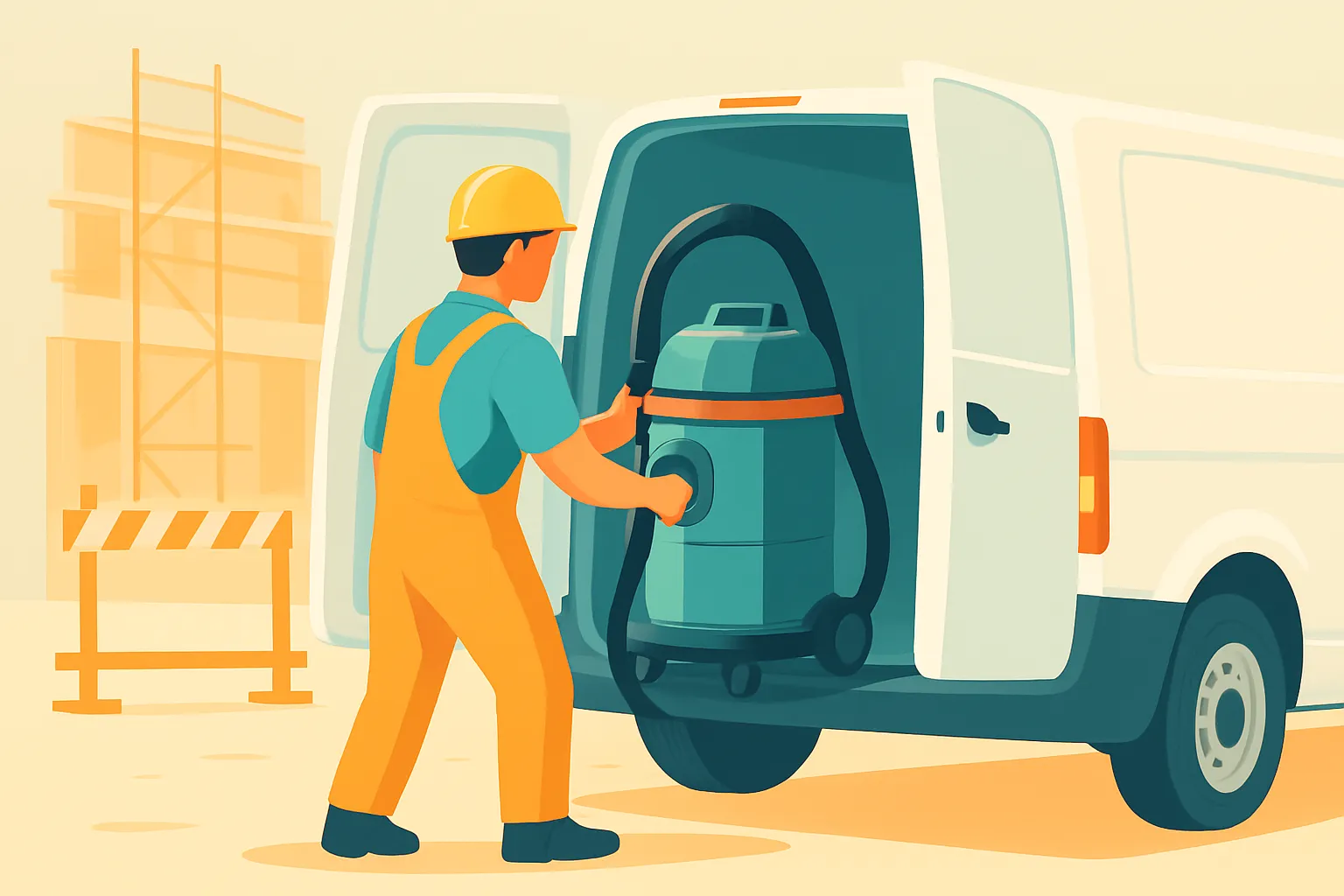 Commercial van being loaded with cleaning equipment at a job site