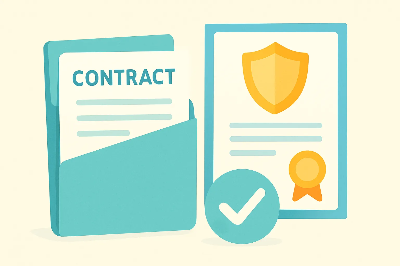 Certificate of insurance, contract, and checklist on light background