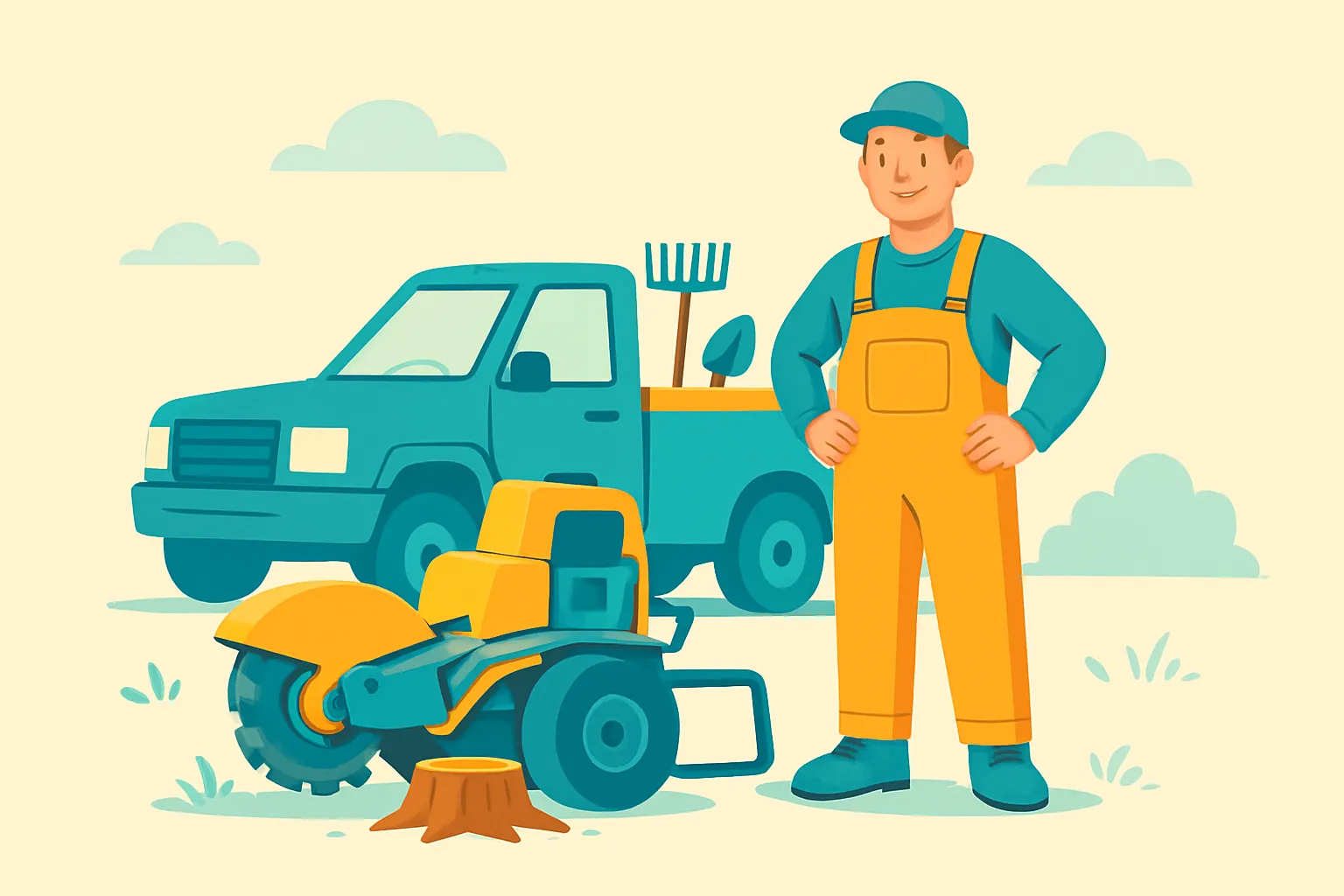 Landscaper with stump grinder and truck at a job site