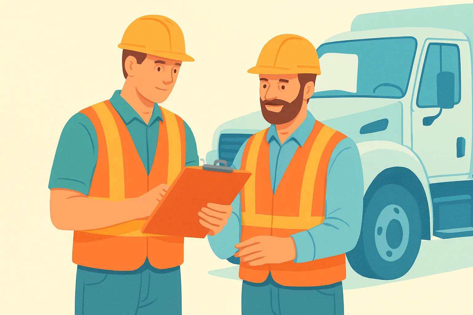 Contractors checking certificate of insurance by a work truck