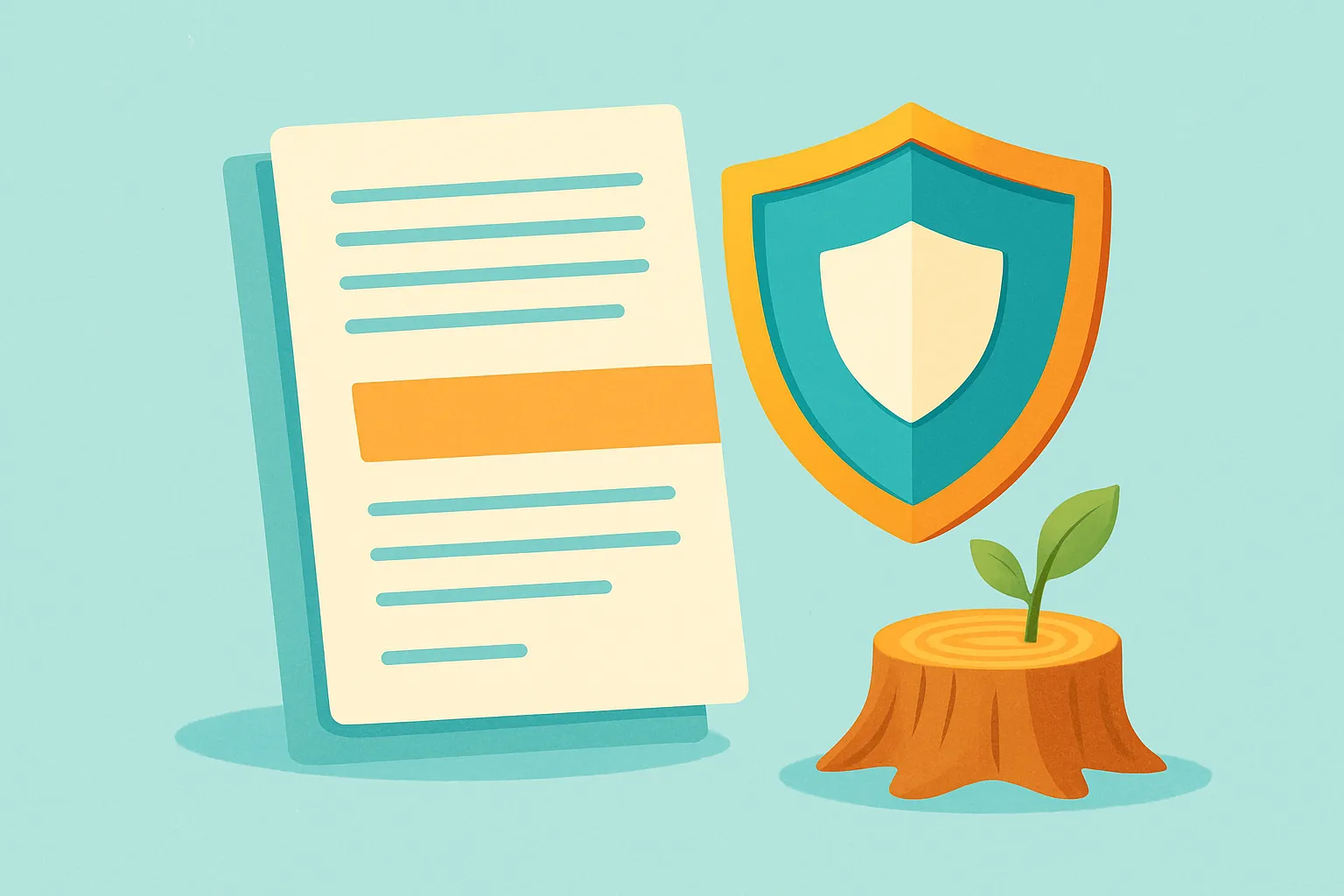 Illustration of insurance papers, shield and stump