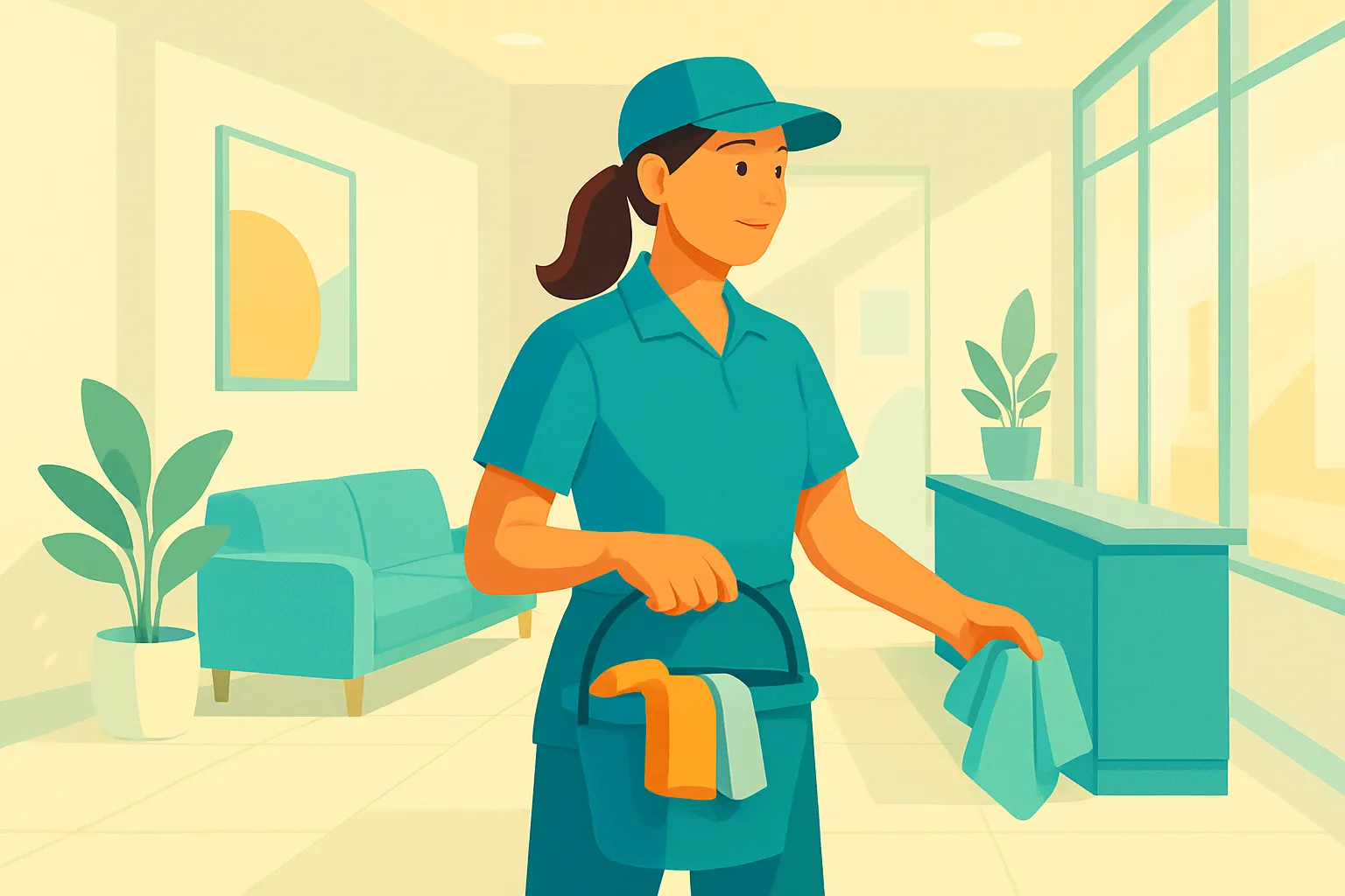 Cleaner carrying supplies in a bright office lobby