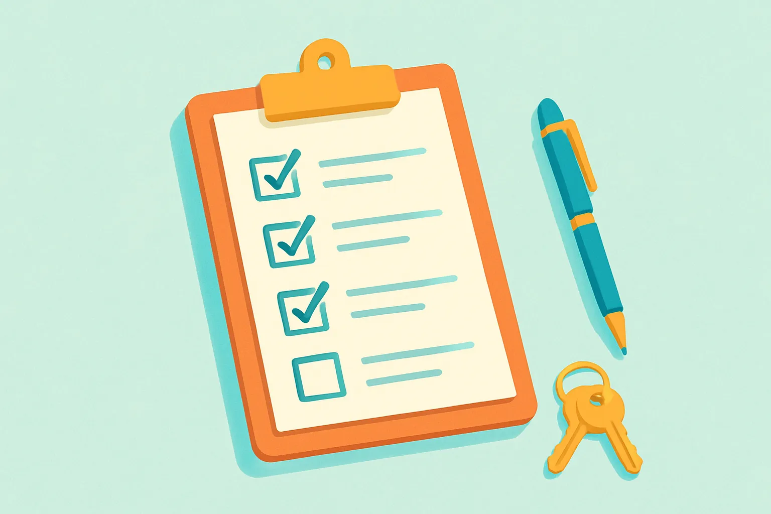 Clipboard, pen, and keys representing checks and bonding requirements