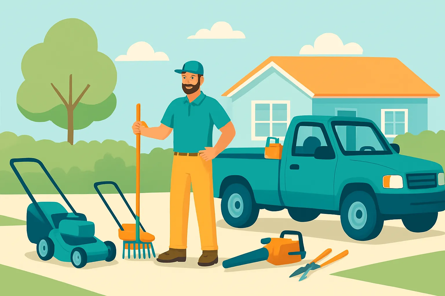 Landscaper truck with mowers and tools parked at a driveway