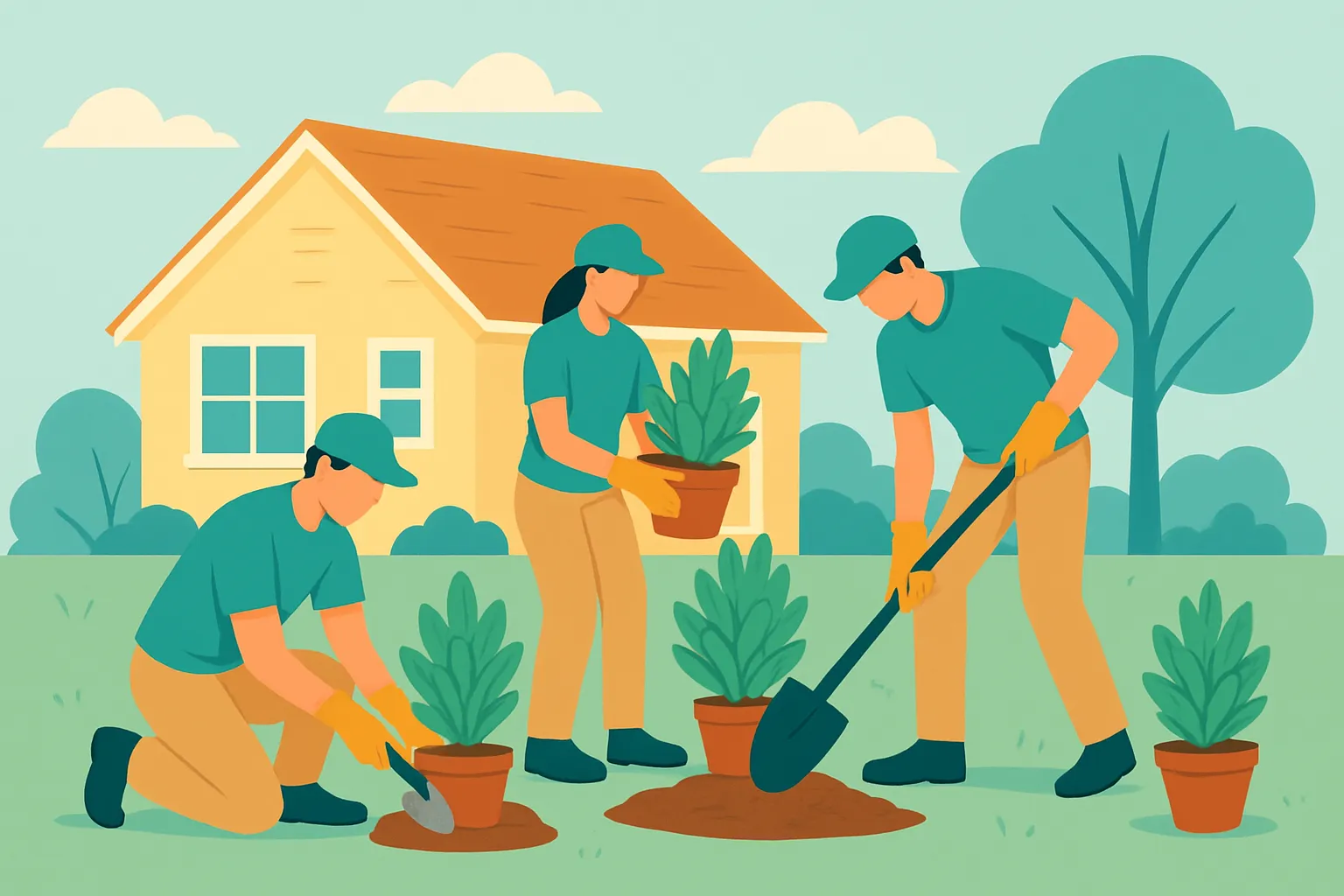 Landscaping crew planting shrubs at a home