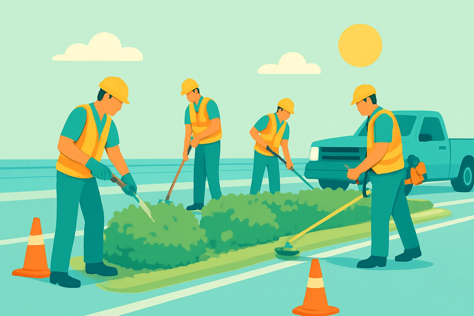 Landscapers trimming a highway median beside safety cones and a pickup truck.