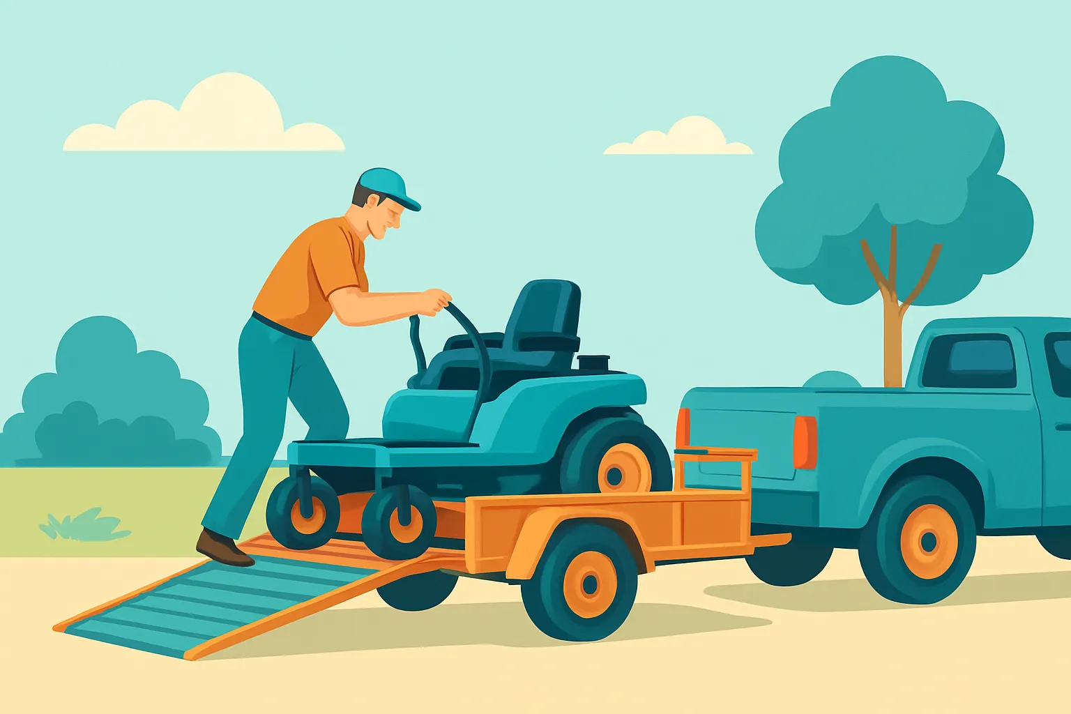 Commercial mower being loaded into a trailer behind a pickup truck.