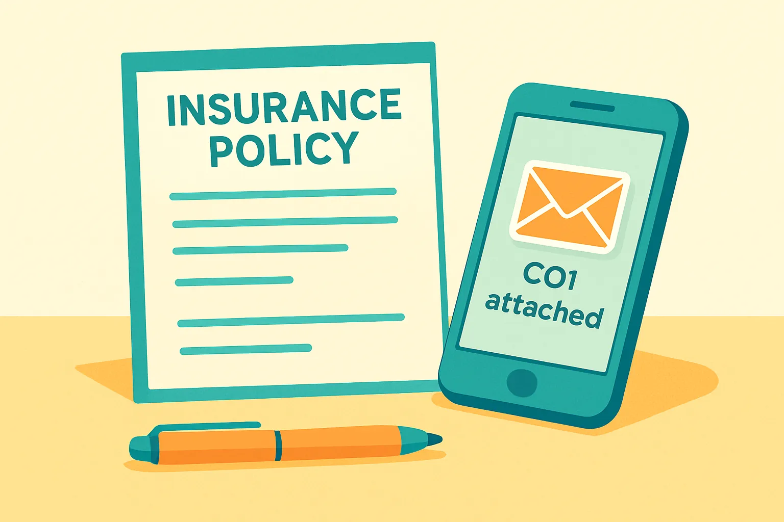 Desk with insurance policy and phone showing 'COI attached' email.