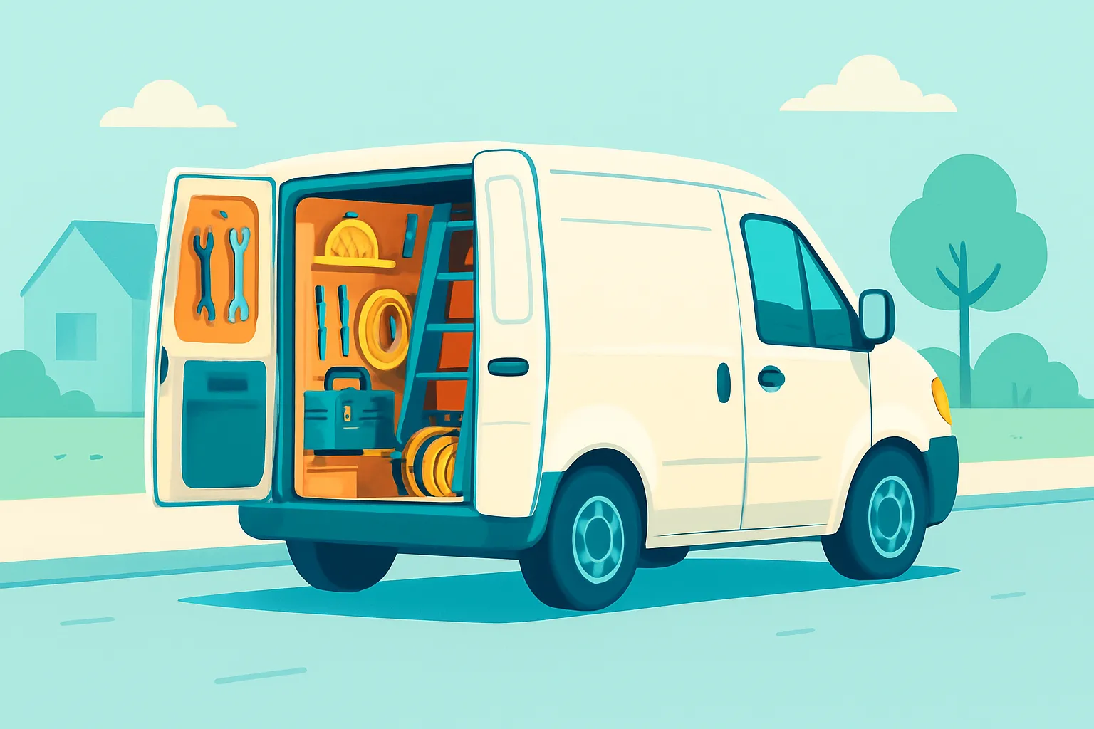 Electrician van with tools parked at a home