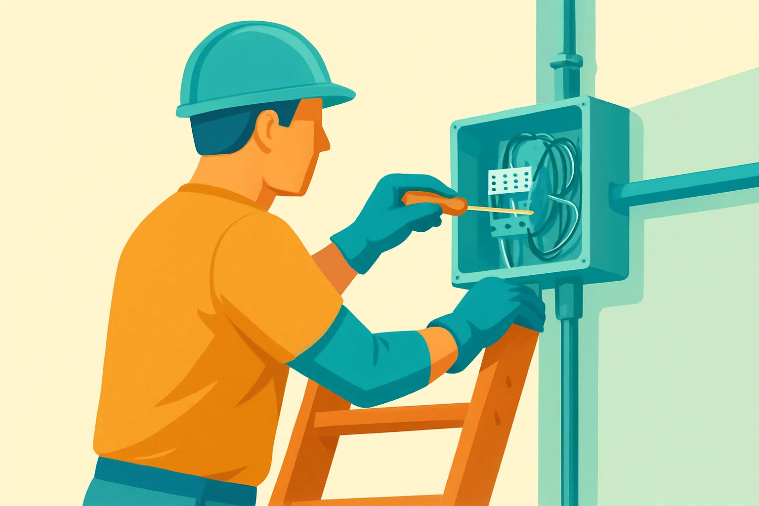 Electrician on ladder at outdoor junction box