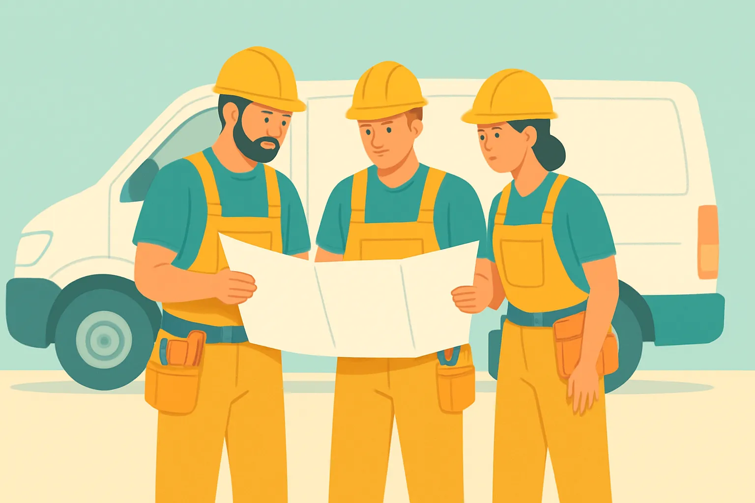 Small electrician crew with blueprints by van