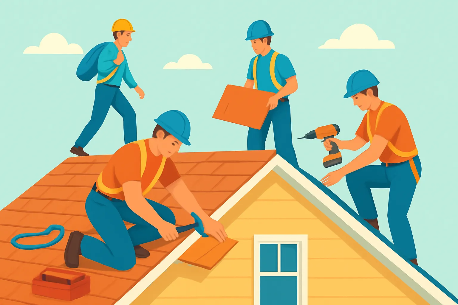 Roofing crew on a sunny roof with tools and harnesses