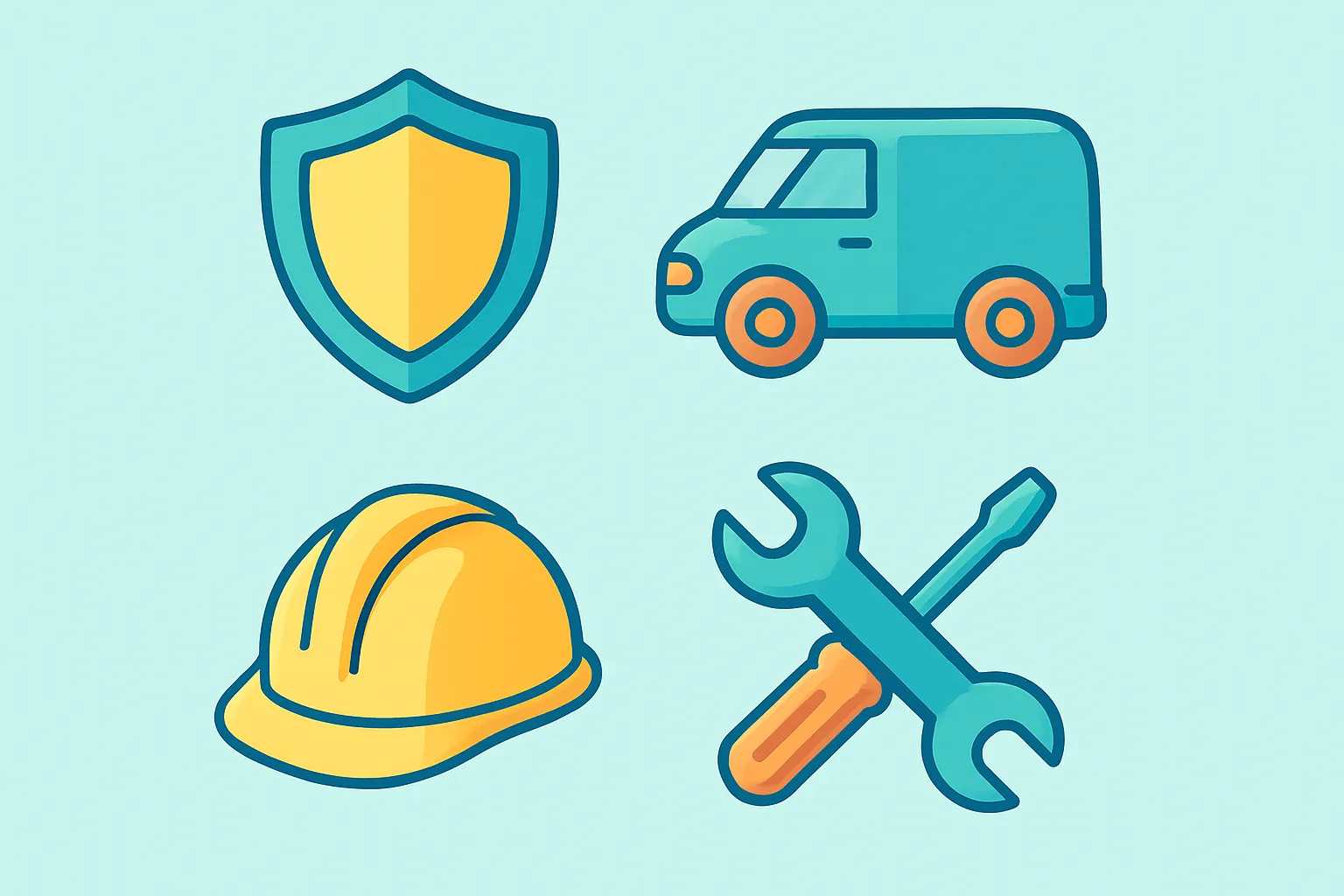 Icons for liability, auto, workers' comp and tools coverage