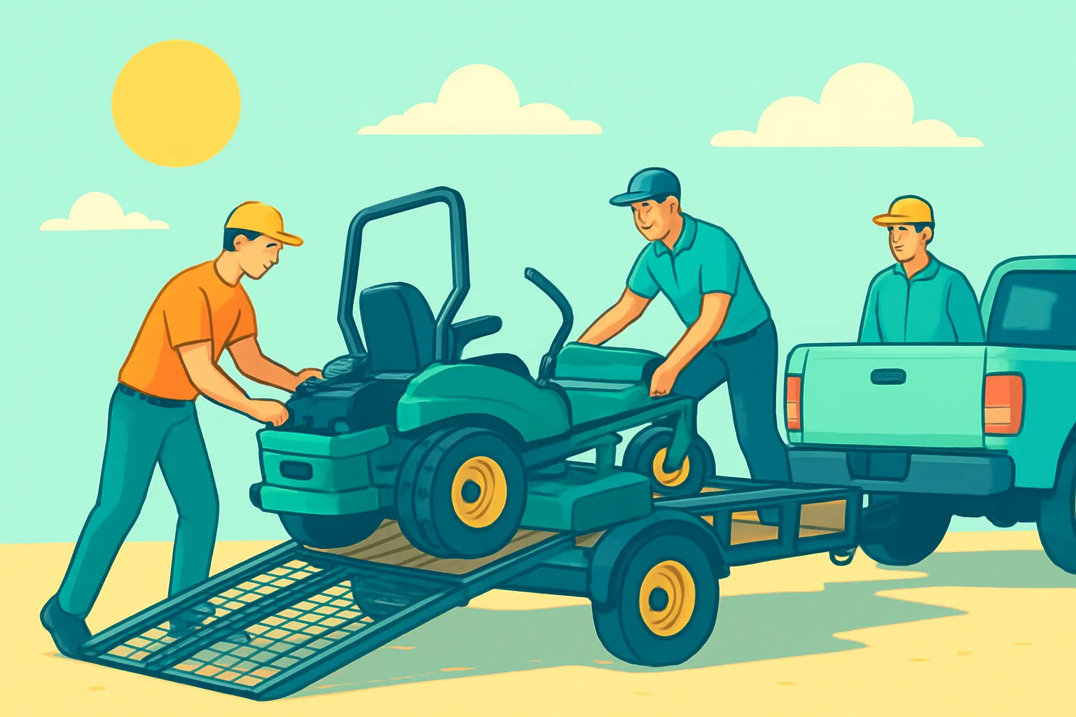 Landscaper loading mower onto trailer for transport