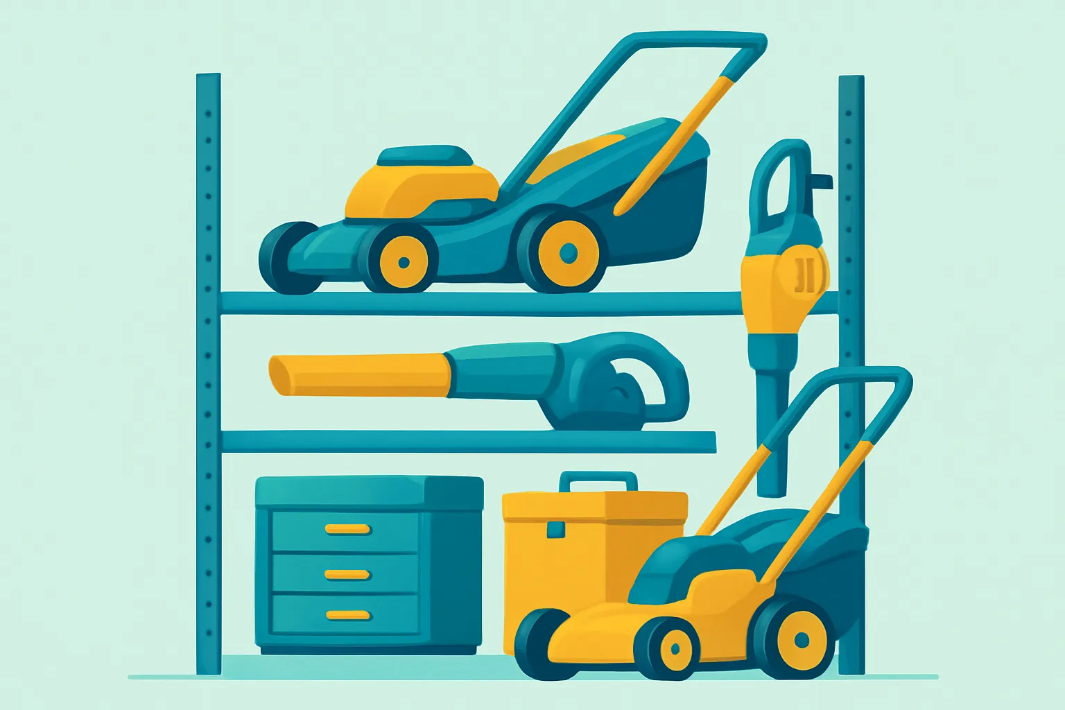 Shelved landscaping tools and small mowers in a shop