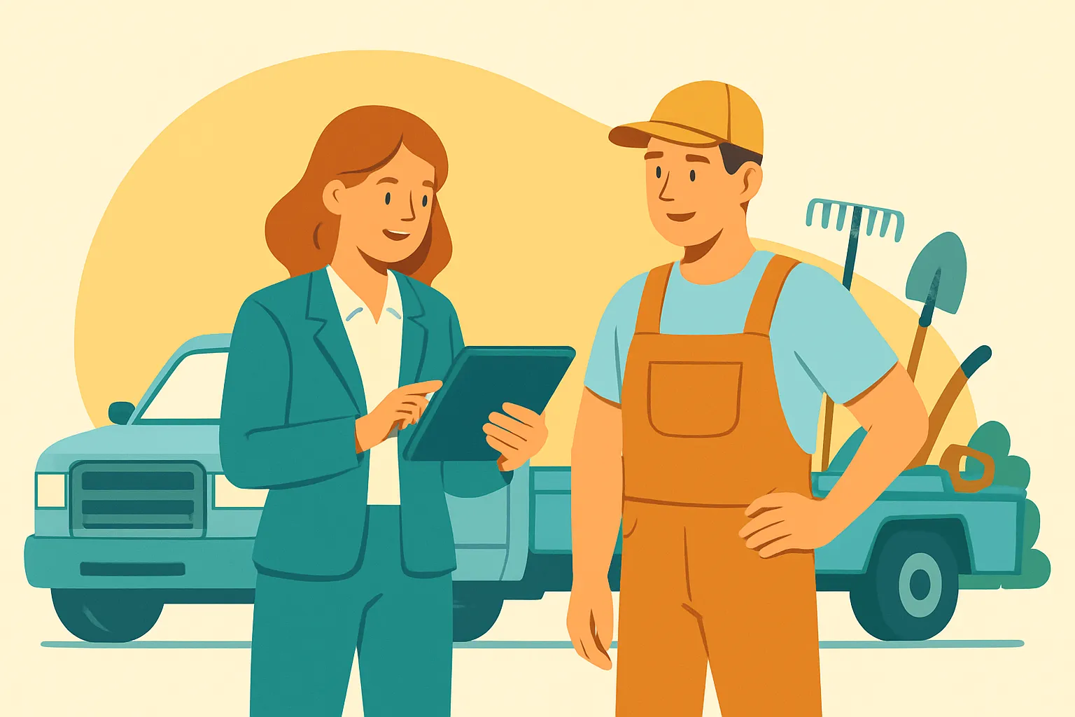 Landscaper and agent reviewing insurance coverage at truck
