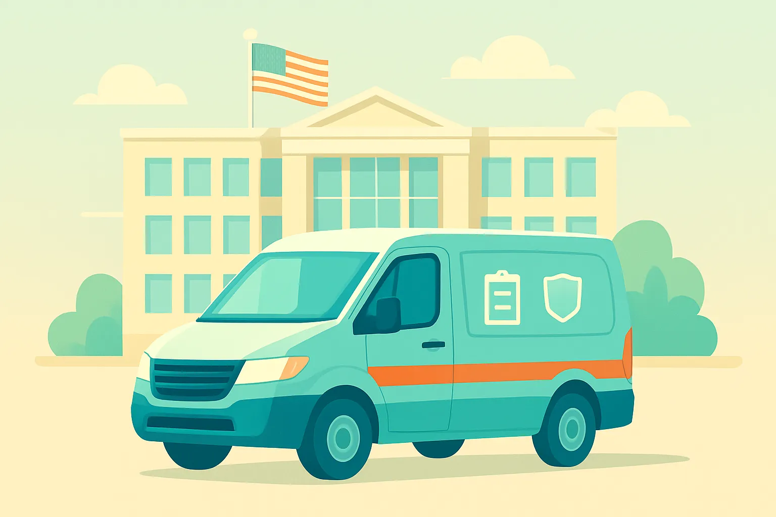 Consultant work van parked at a state building, clipboard and shield icons visible