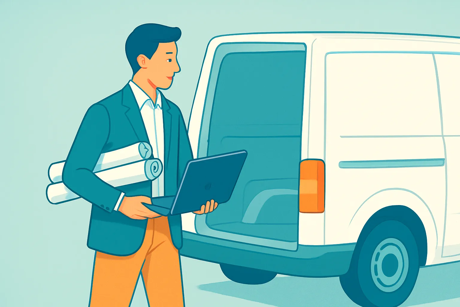 Consultant loading equipment into a white cargo van