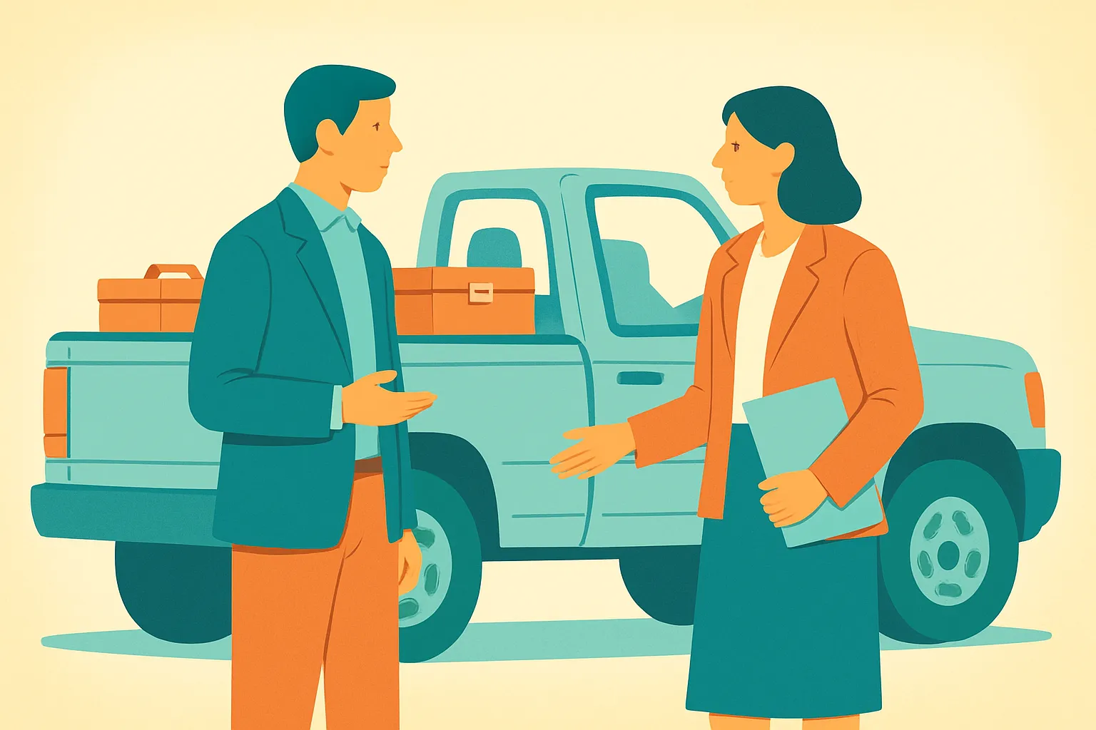 Consultant talking next to a parked pickup truck