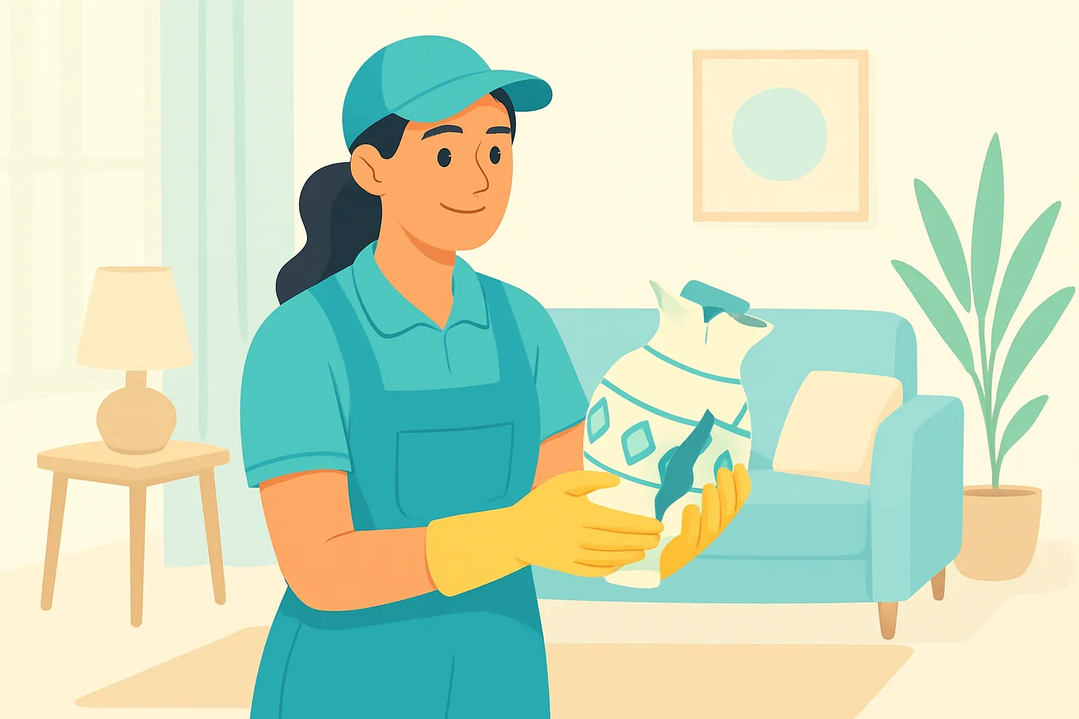 Cleaner holding broken vase in bright living room