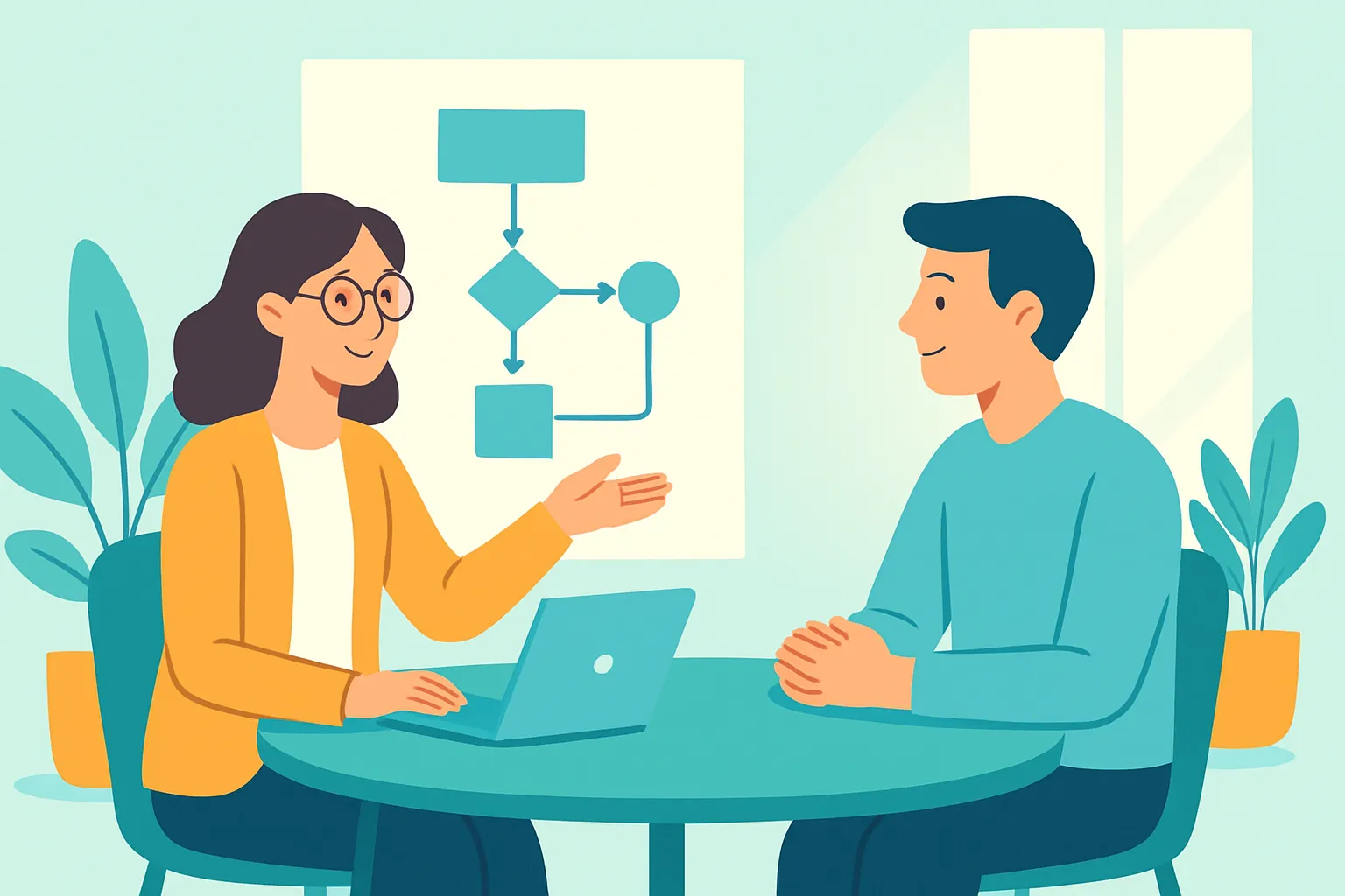 Consultant and client reviewing a plan in a bright office