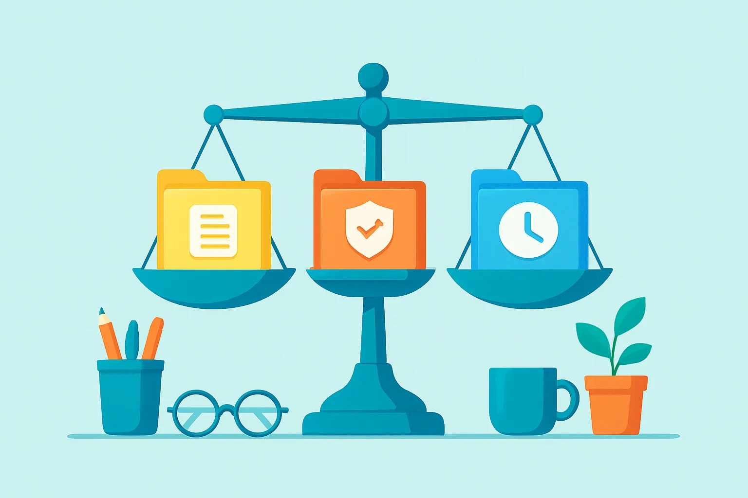 Scale balancing contract, insurance, and timeline icons