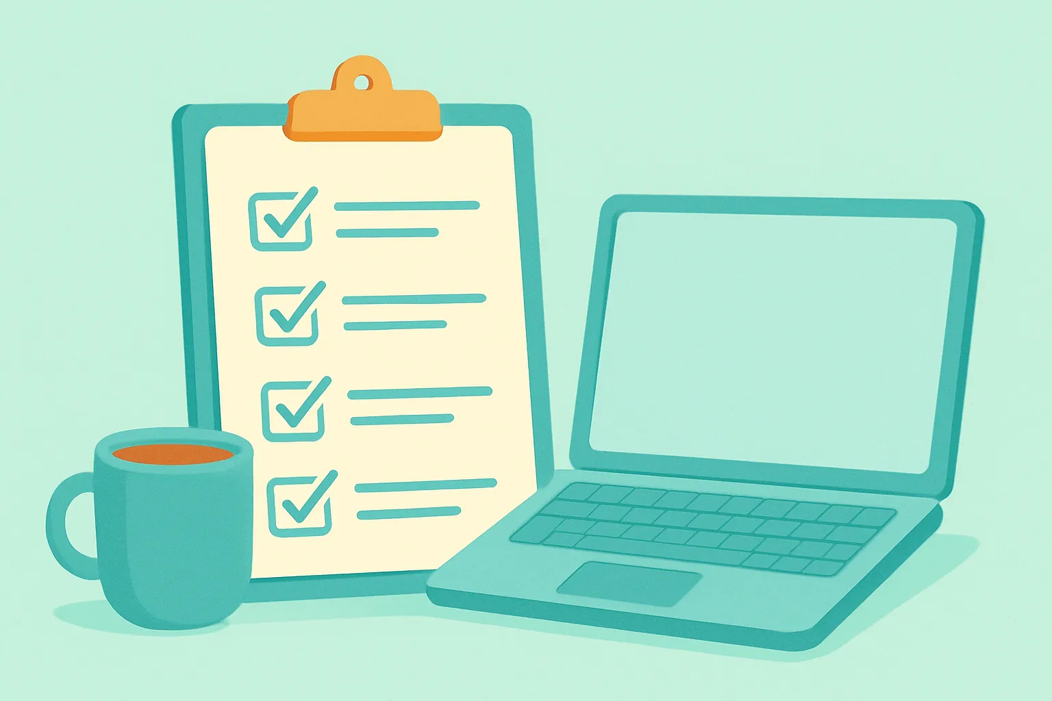 Consultant’s self-checklist with laptop and coffee
