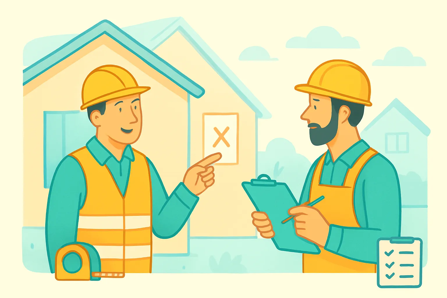 Inspector reviews correction notice with contractor at a home jobsite