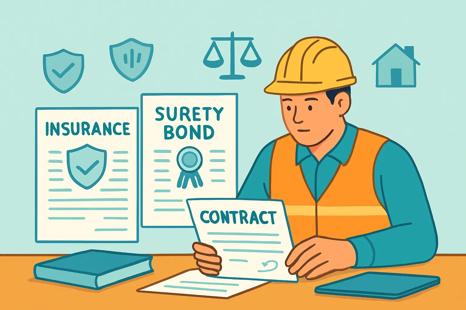 Contractor reviews insurance and bond documents at desk