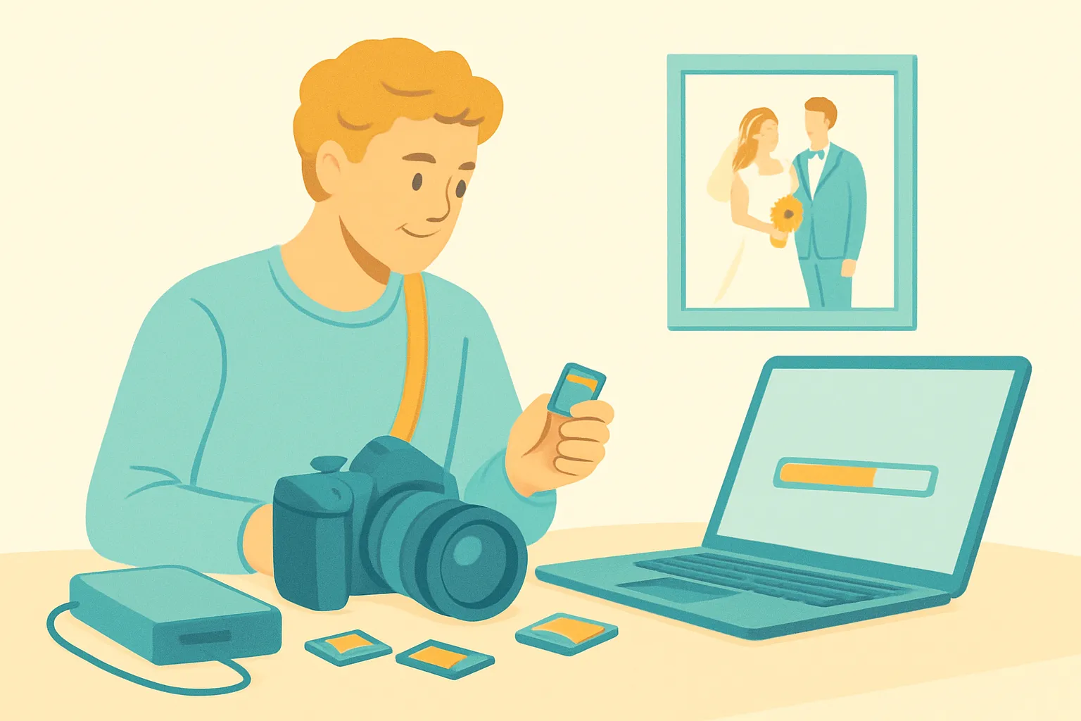 Wedding photographer attempting data recovery on laptop with memory cards and drives