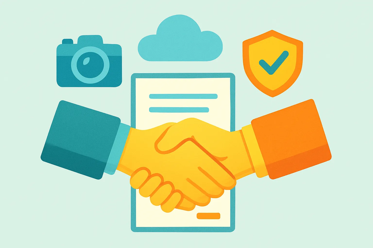 Photographer service contract with icons for backups and insurance