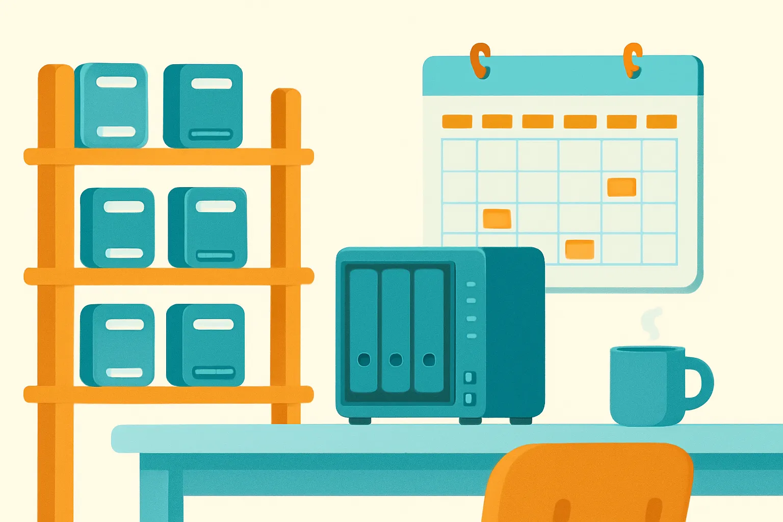 Studio office with organized storage and backup equipment