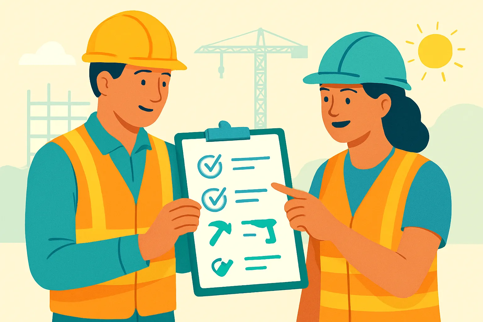 Contractor and subcontractor reviewing an insurance checklist on a jobsite