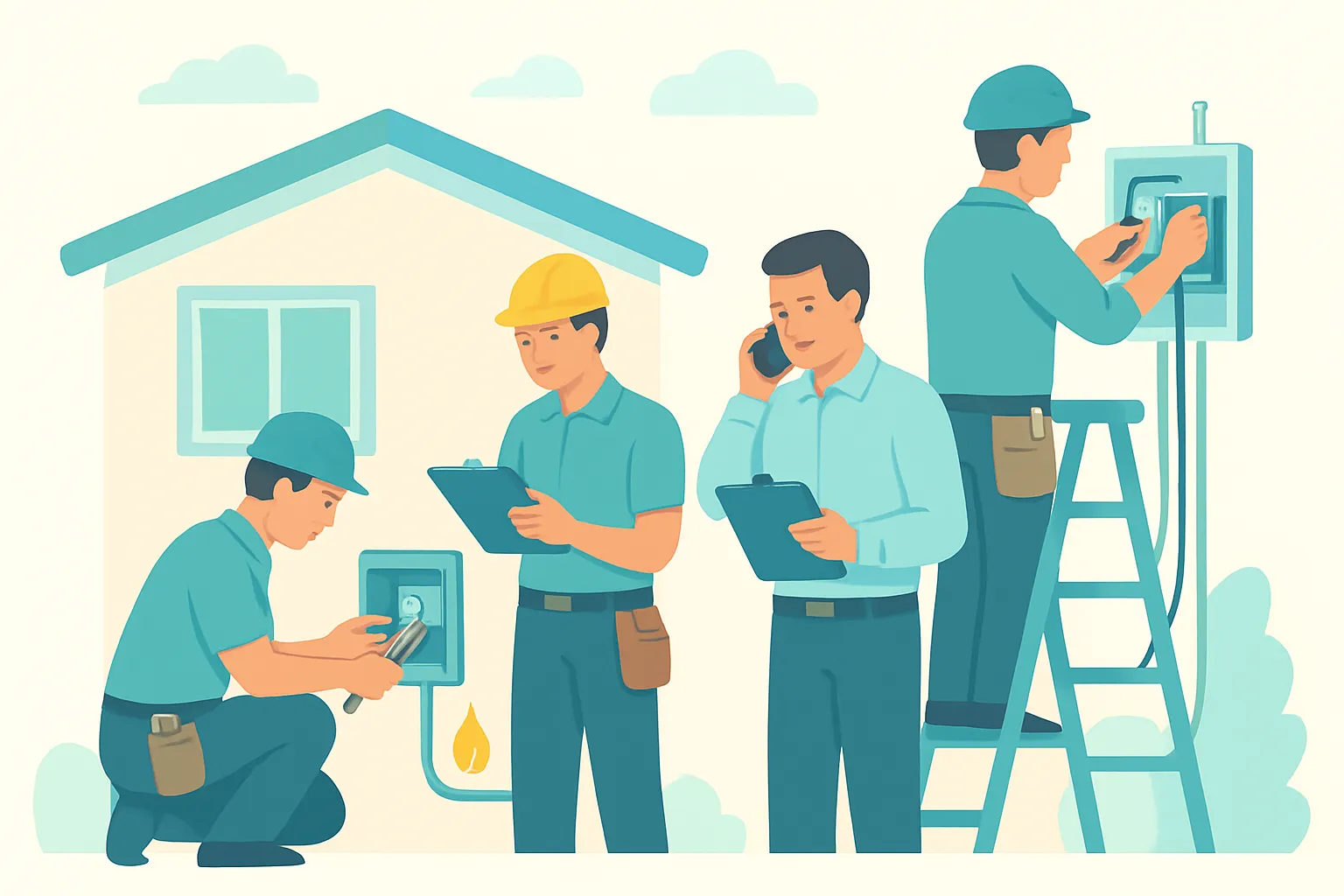 Electrician crew at a home job site reviewing a safety and insurance checklist after a small fire