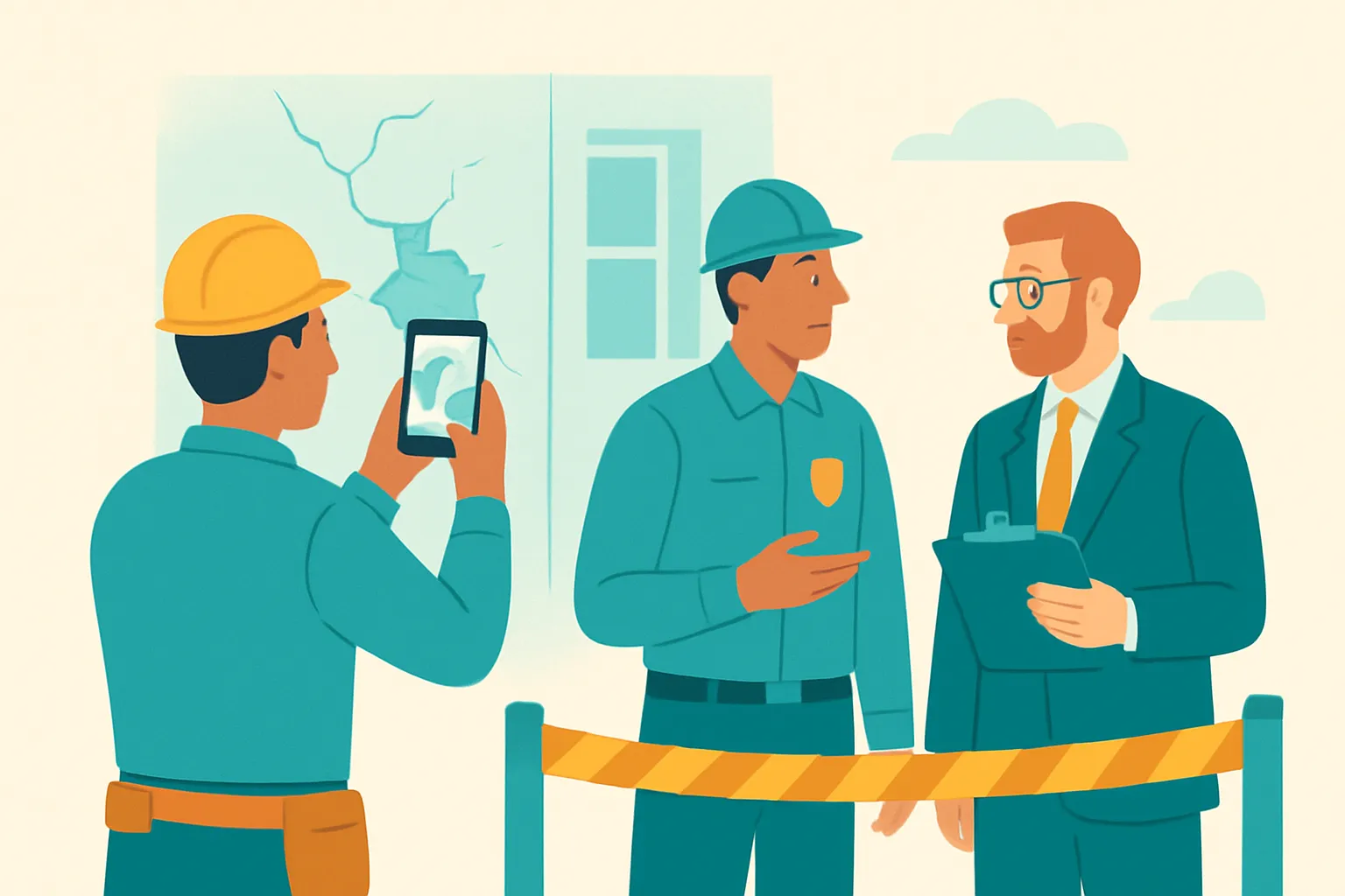 Contractor documenting fire damage while inspector and adjuster confer at a cordoned work area