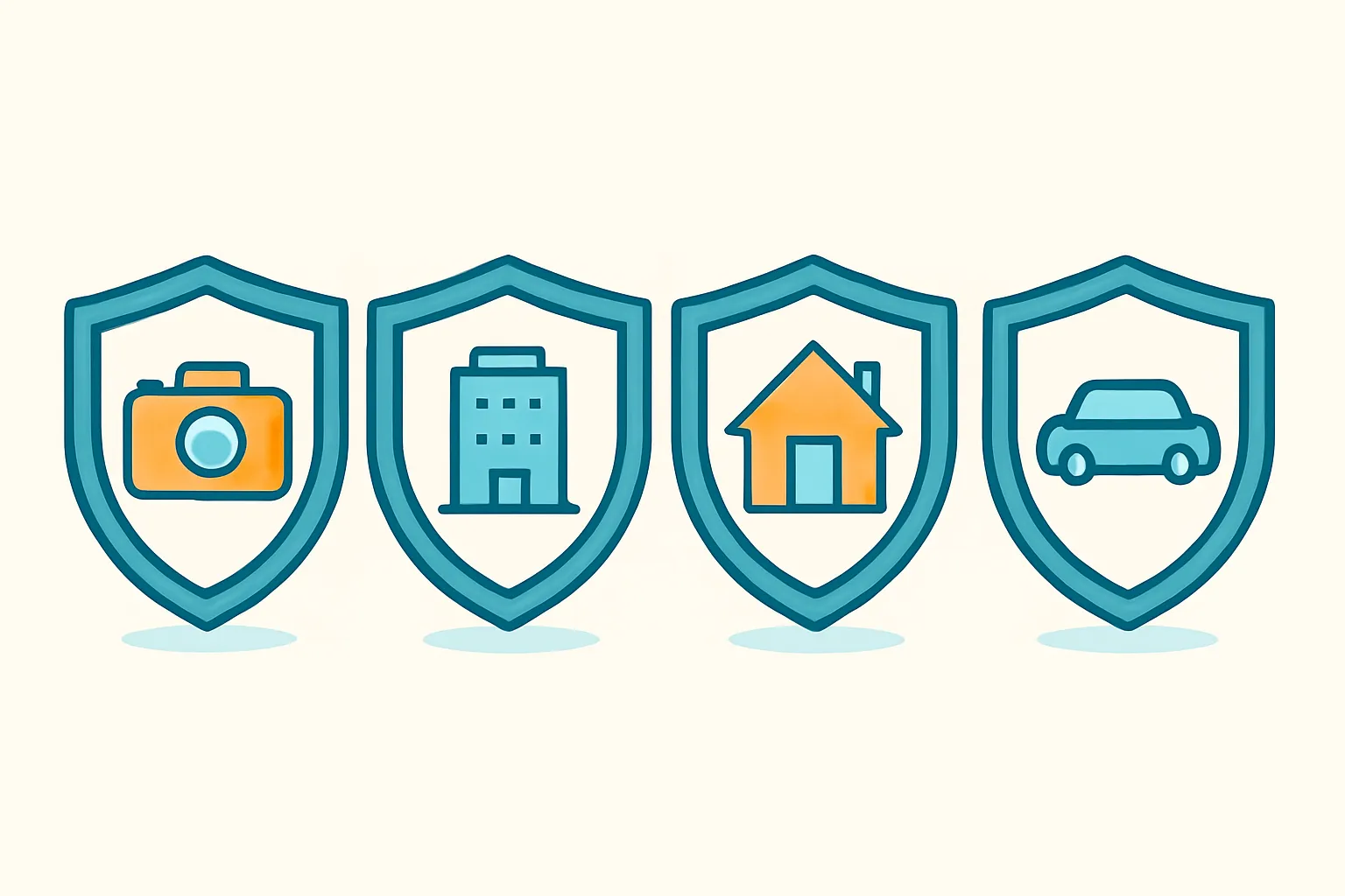 Icons representing equipment floater, business property, homeowners, and auto coverage