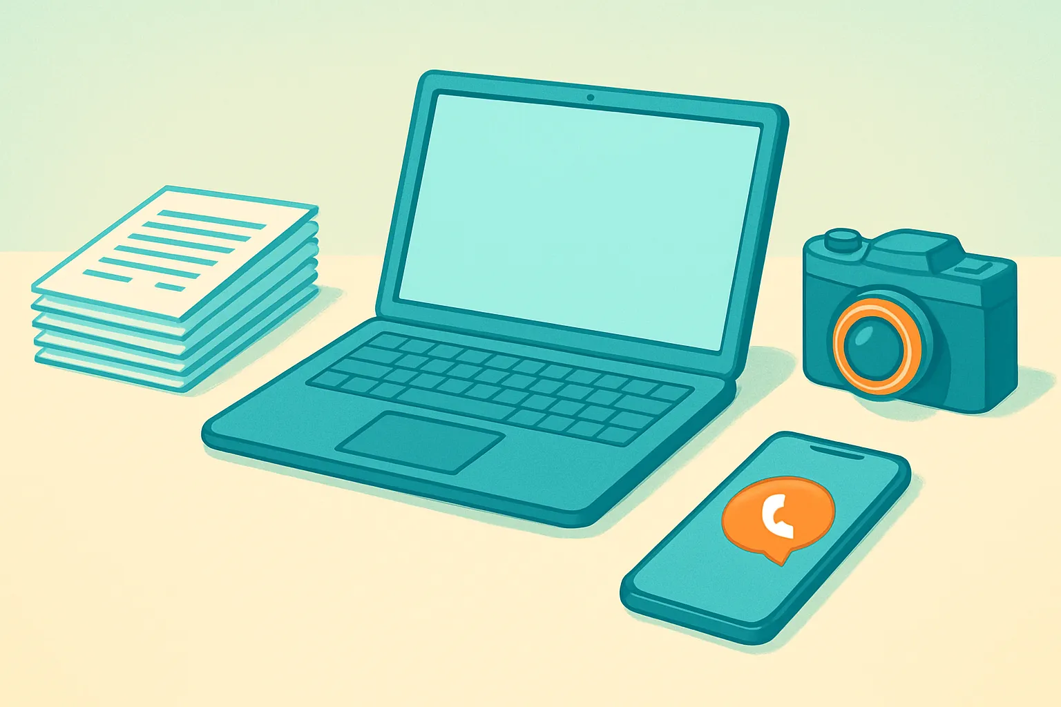 Desk with receipts, camera, and phone to document and report a theft