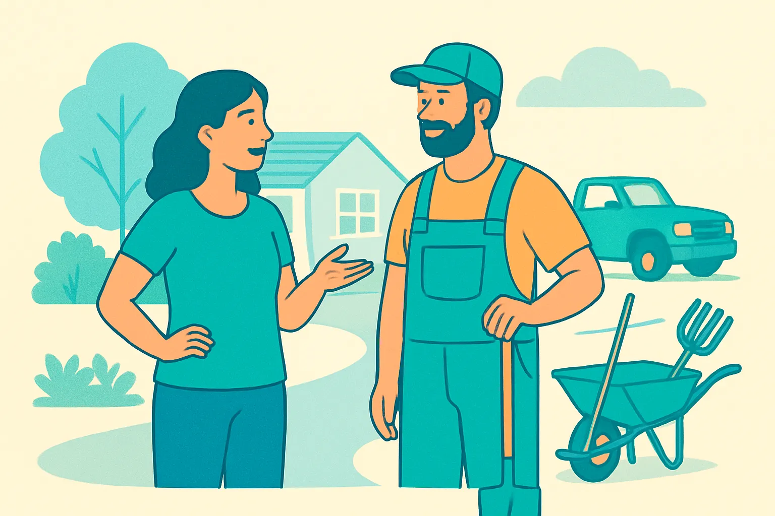 Homeowner speaking with a landscaper beside a truck and tools