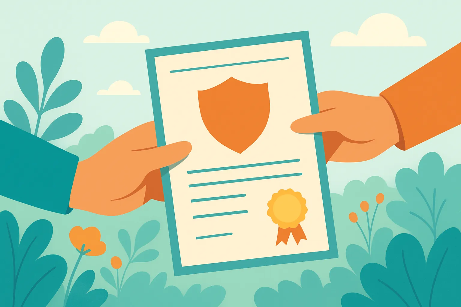 Hands exchanging a certificate of insurance placeholder